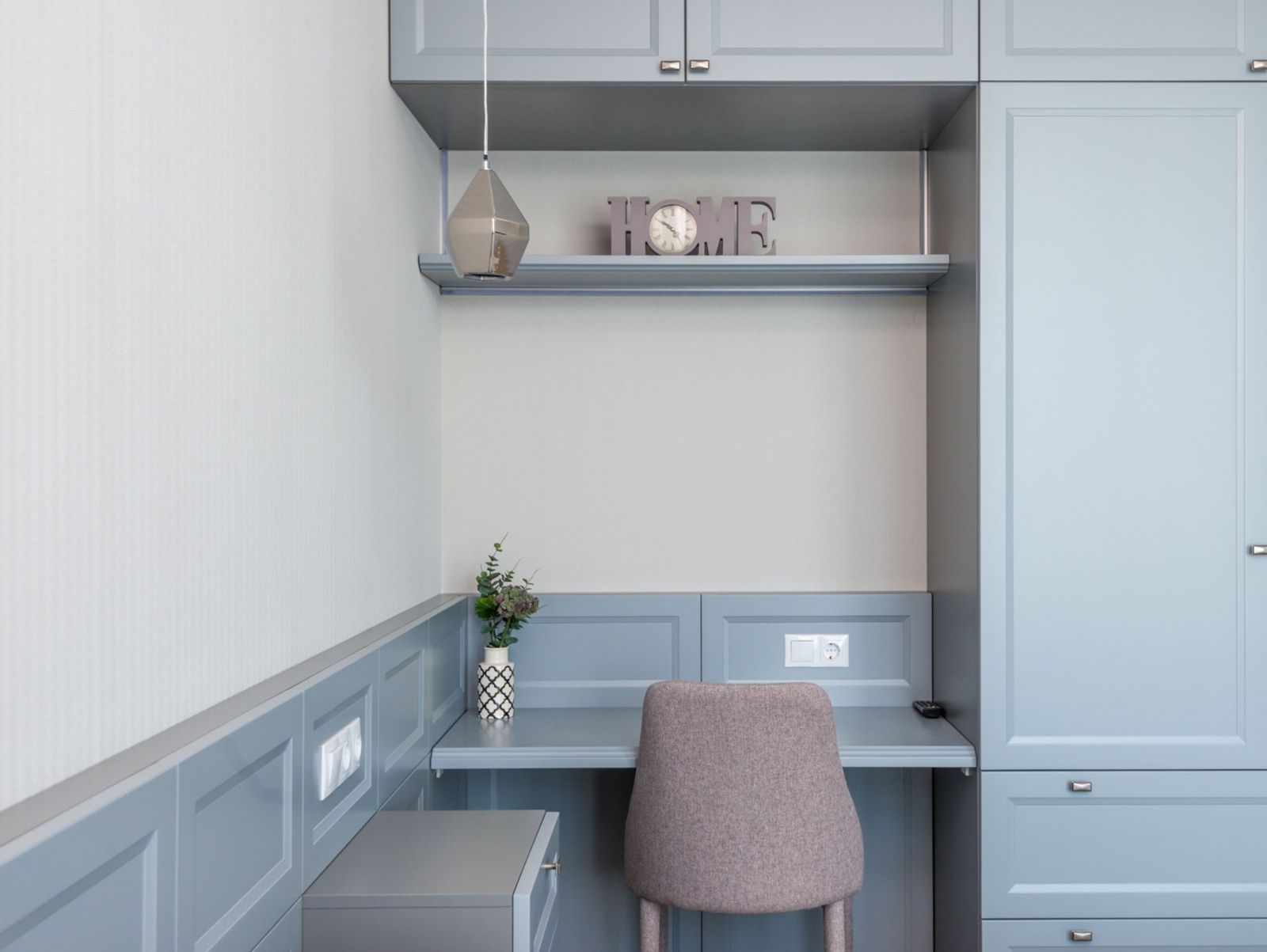 Gray-blue built-in desk nook with a tall storage cabinet (example style photo)