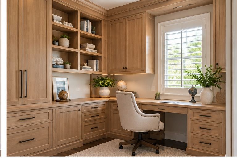 Oak home office built-ins with a corner desk, upper cabinets and shelves (example style photo)