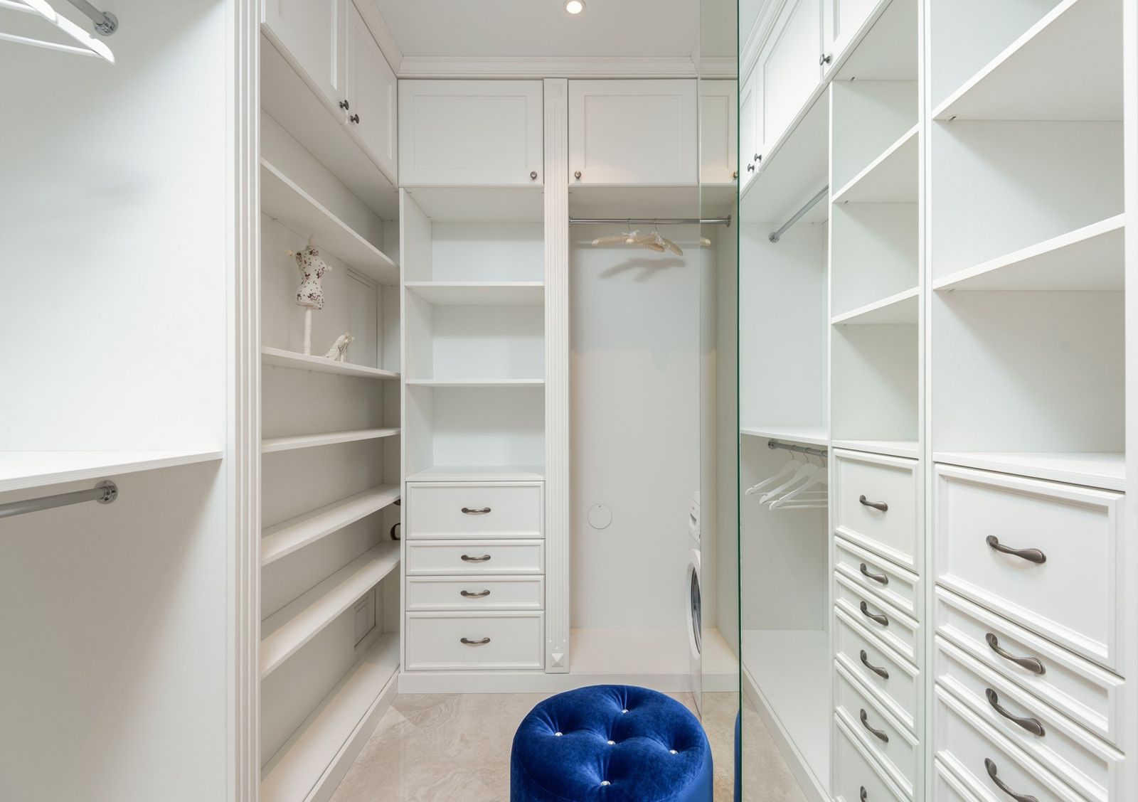 White walk-in closet system with drawers, shelves and hanging space (example style photo)